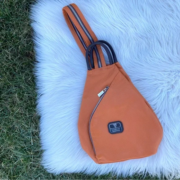 Valentina Italy Orange Pebbled Leather Sling Backpack Tan Trim Gold Hardware Valentina Italian Orange Pebbled Leather Sling Backpack  main image 3